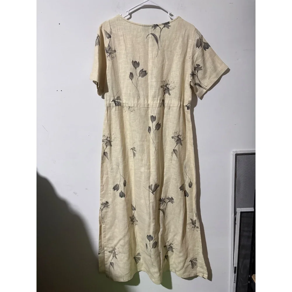 Sweet Jessie Petite Linen Floral Dragonfly Midi Dress Cream Yellow Grey Small